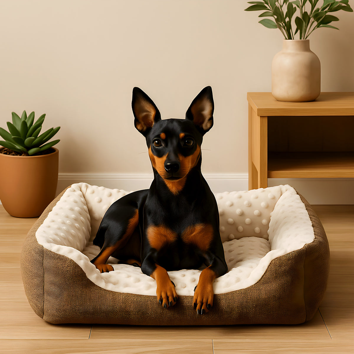 Petit panier en peluche marron pour chien