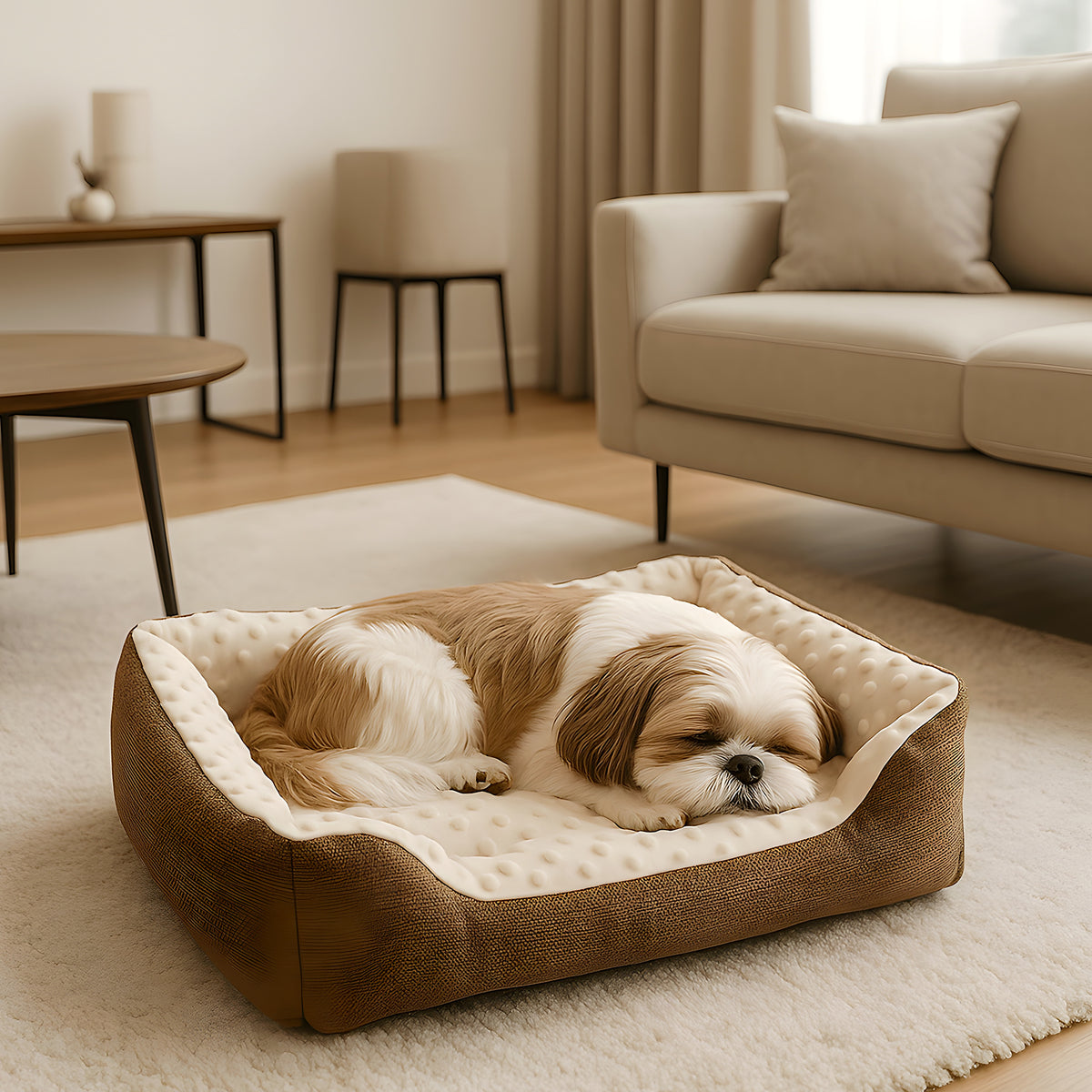 Petit panier en peluche marron pour chien