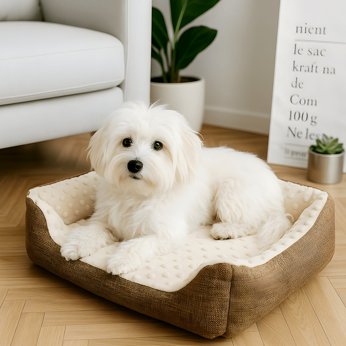 Petit panier en peluche marron pour chien