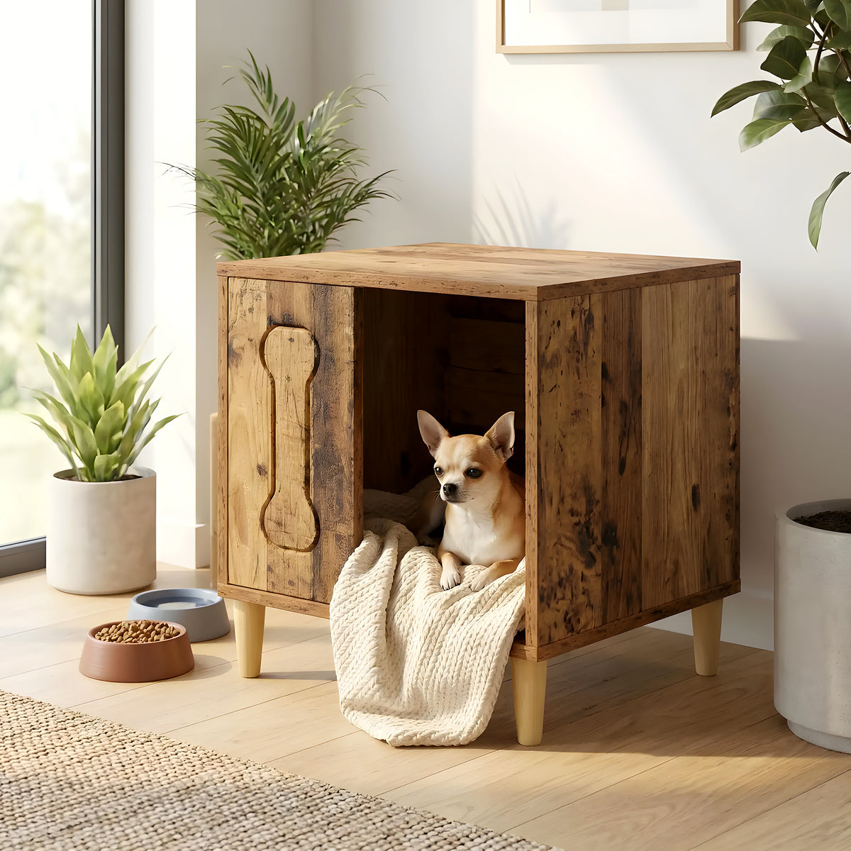 Petite niche en bois pour mini chien, naturel ou blanc