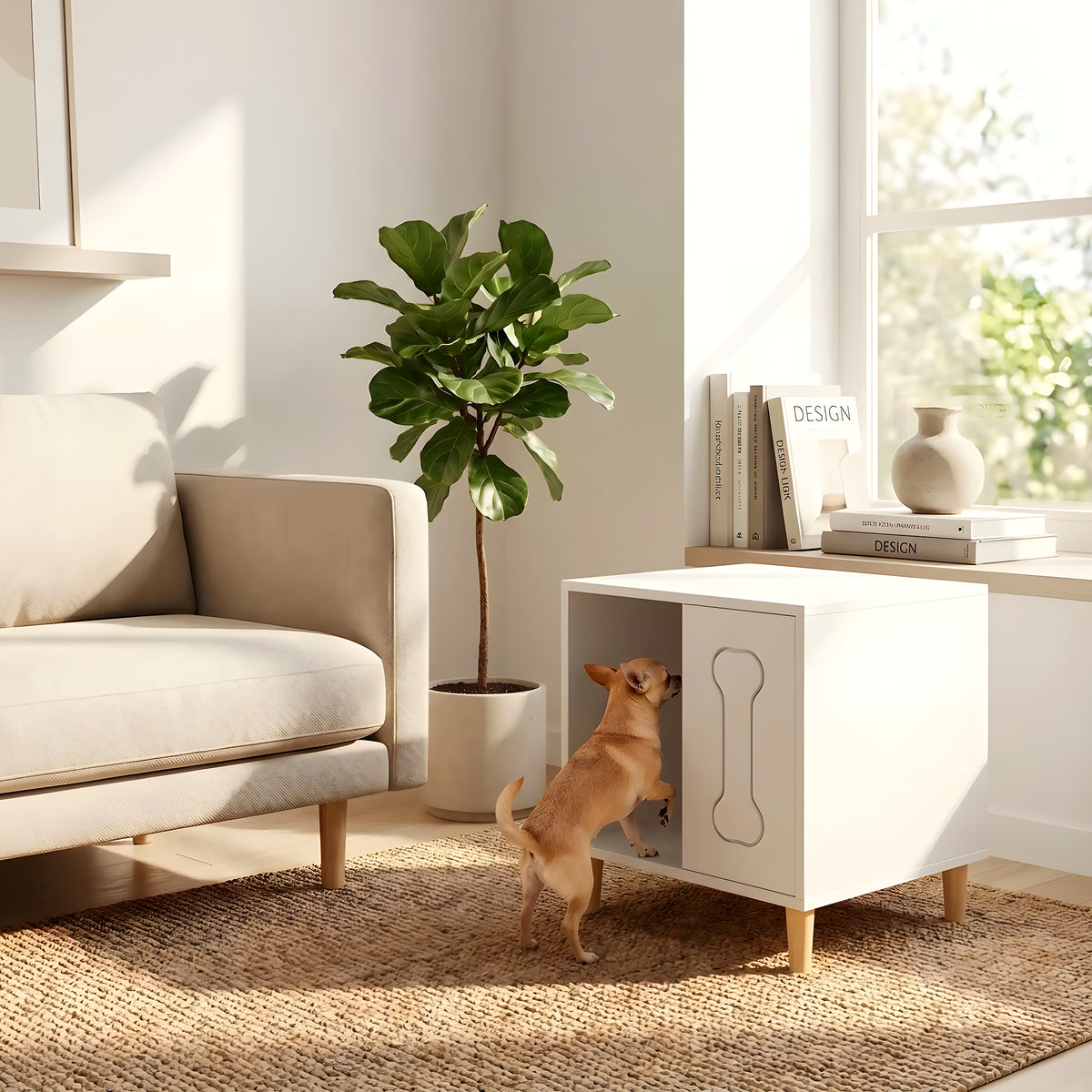 Petite niche en bois pour mini chien, naturel ou blanc