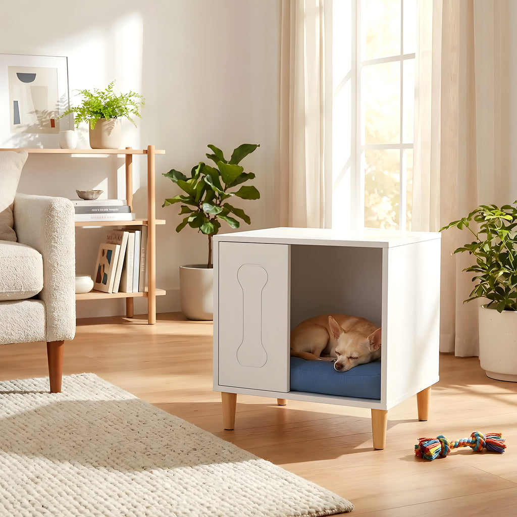 Petite niche en bois pour mini chien, naturel ou blanc