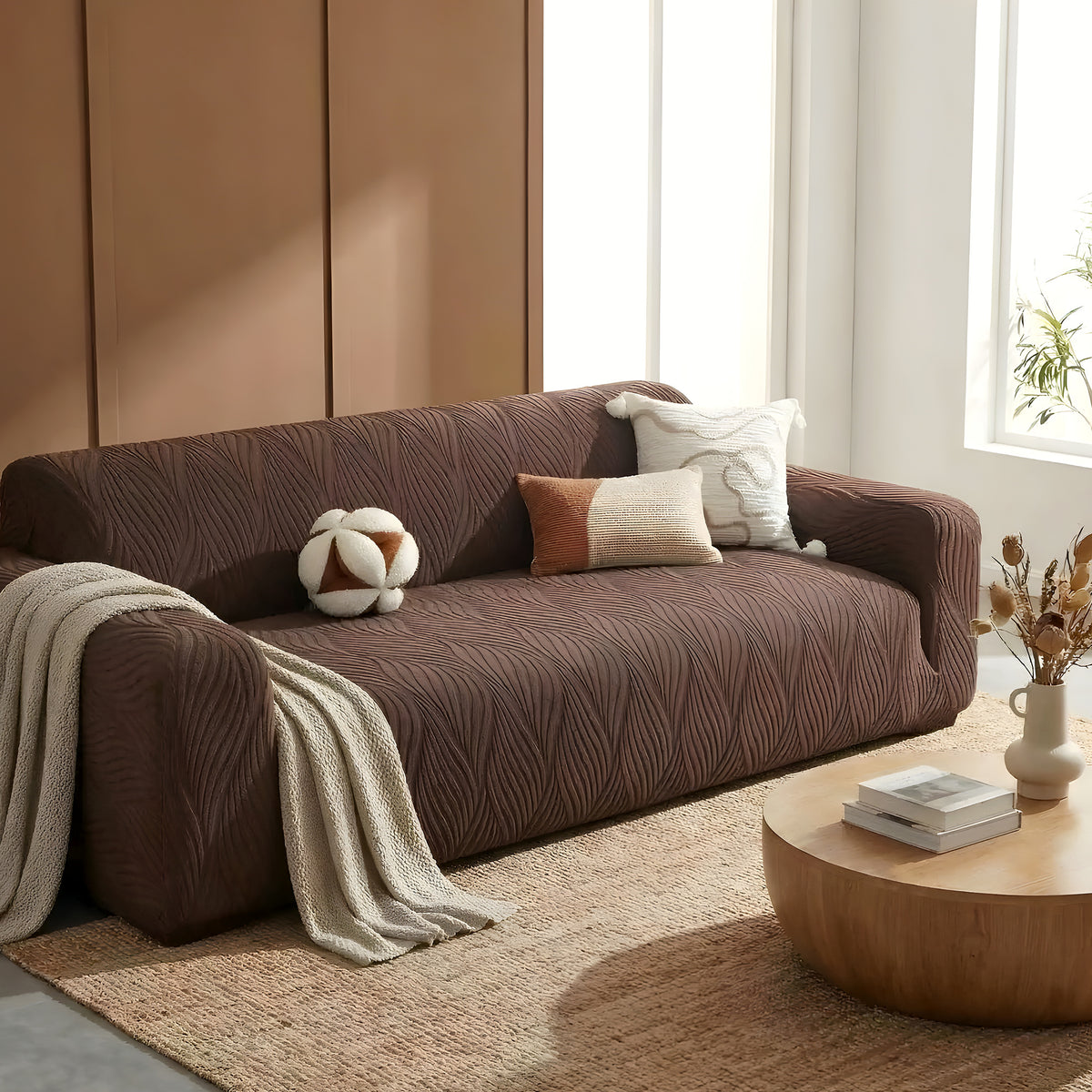 Protège-canapé jacquard antidérapant, gris ou marron
