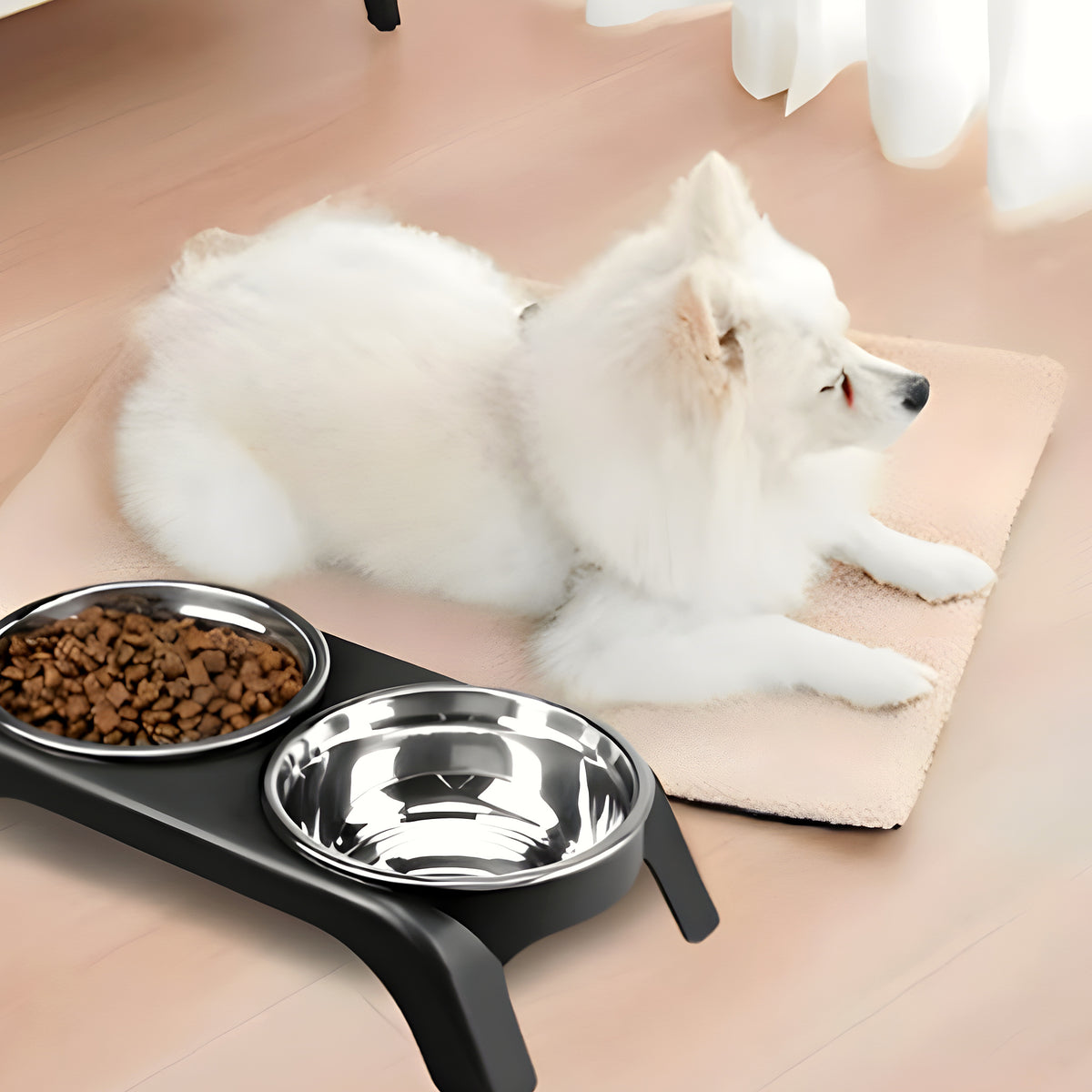 Support surélevé avec 2 gamelles inox pour chiot et petit chien