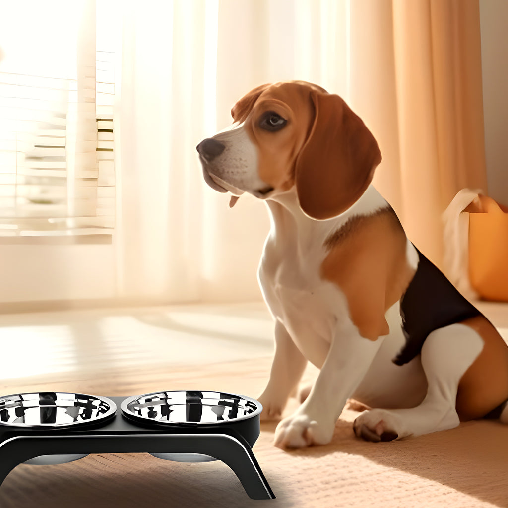 Support surélevé avec 2 gamelles inox pour chiot et petit chien