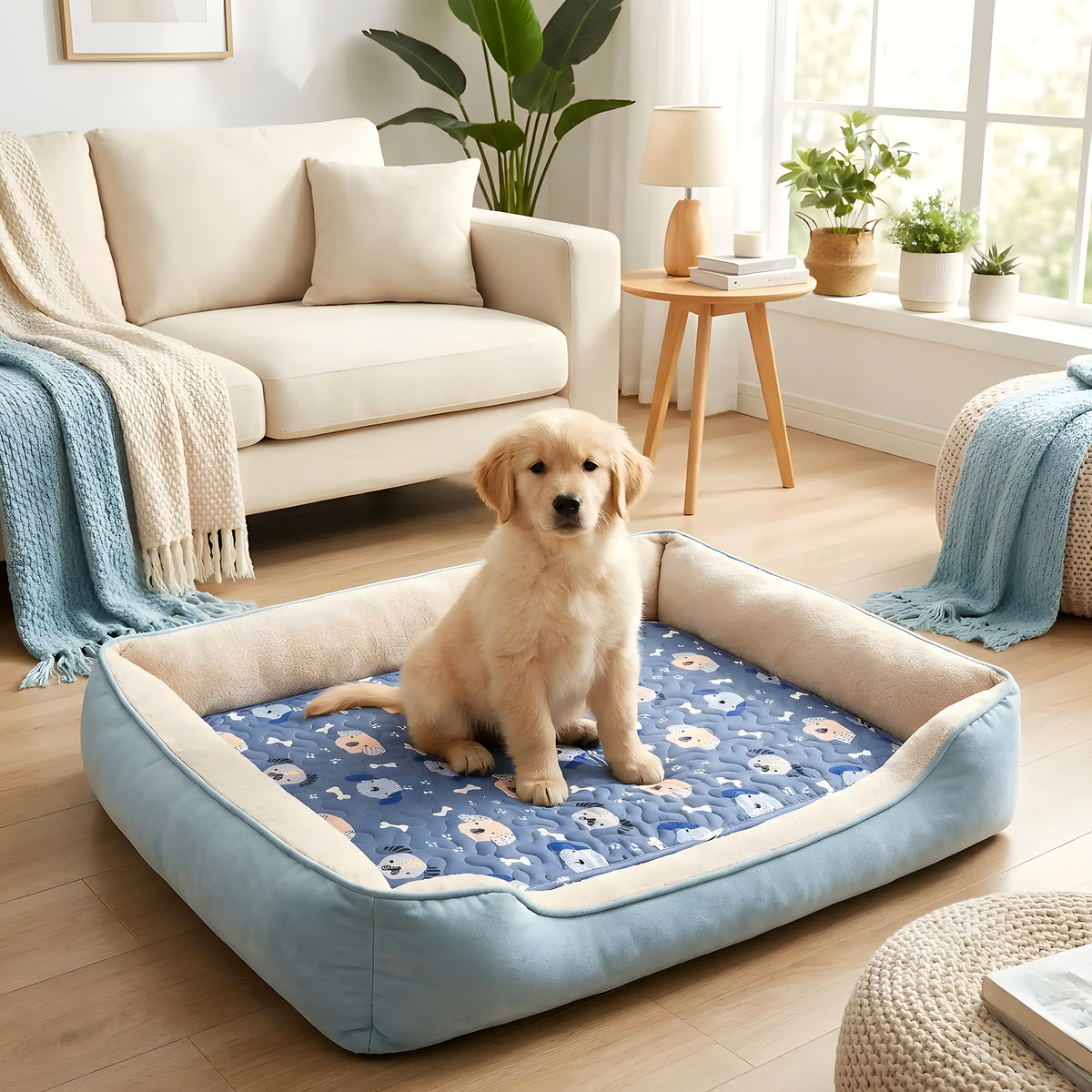 Tapis 4 saisons en coton pour chien, bleu ou vert