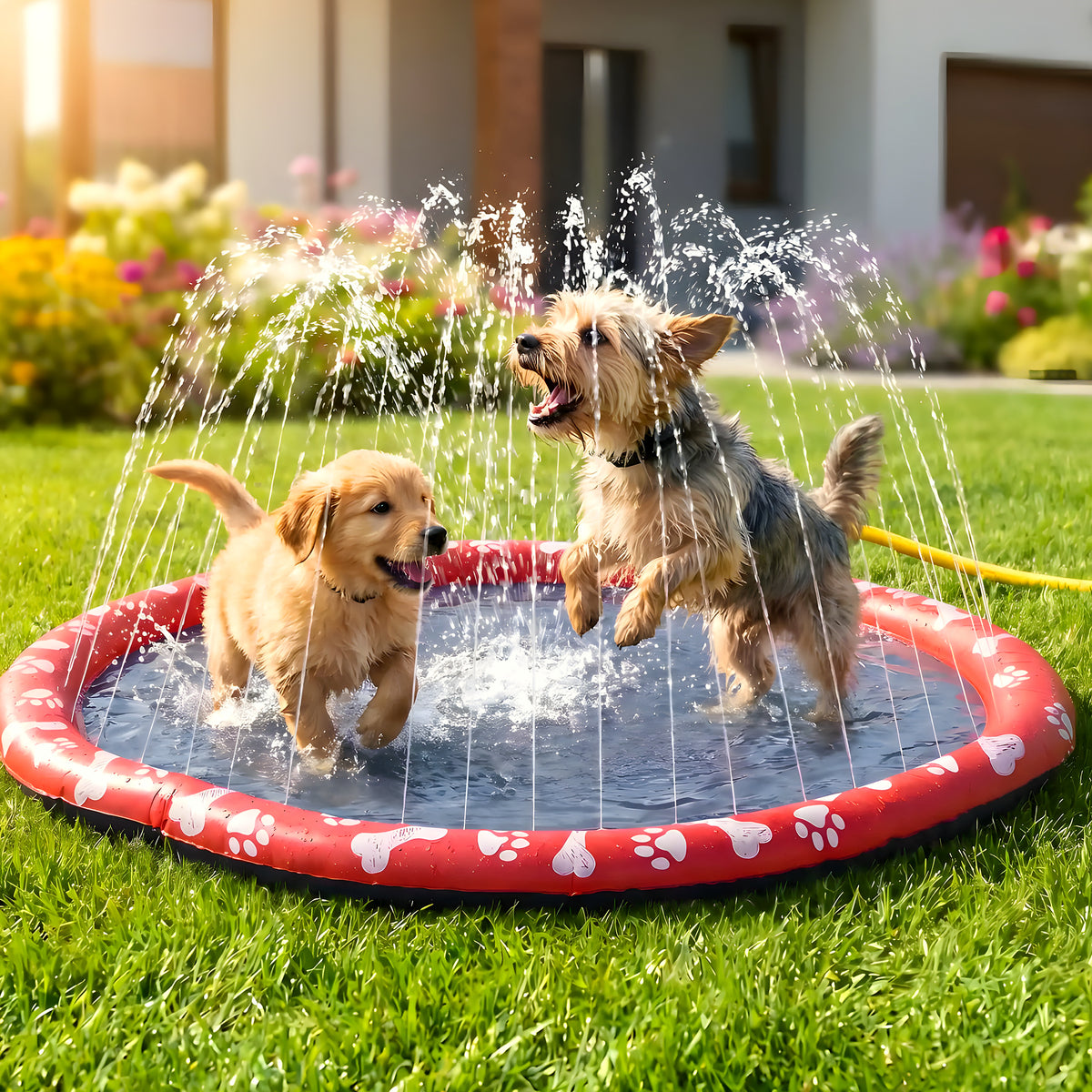 Tapis d'eau à jets noir et rouge Ø150 cm pour chien