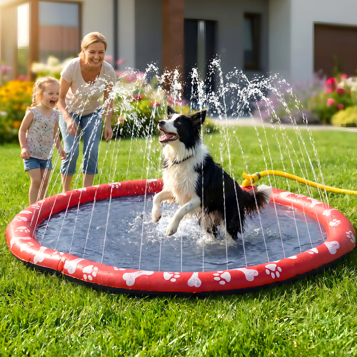 Tapis d'eau à jets noir et rouge Ø150 cm pour chien