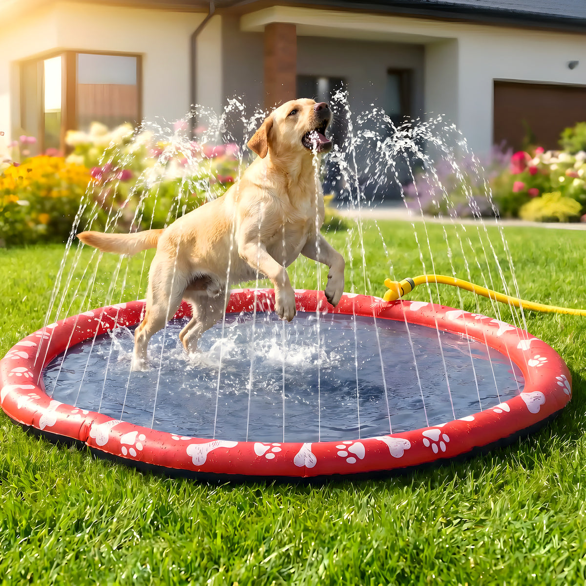 Tapis d'eau à jets noir et rouge Ø150 cm pour chien