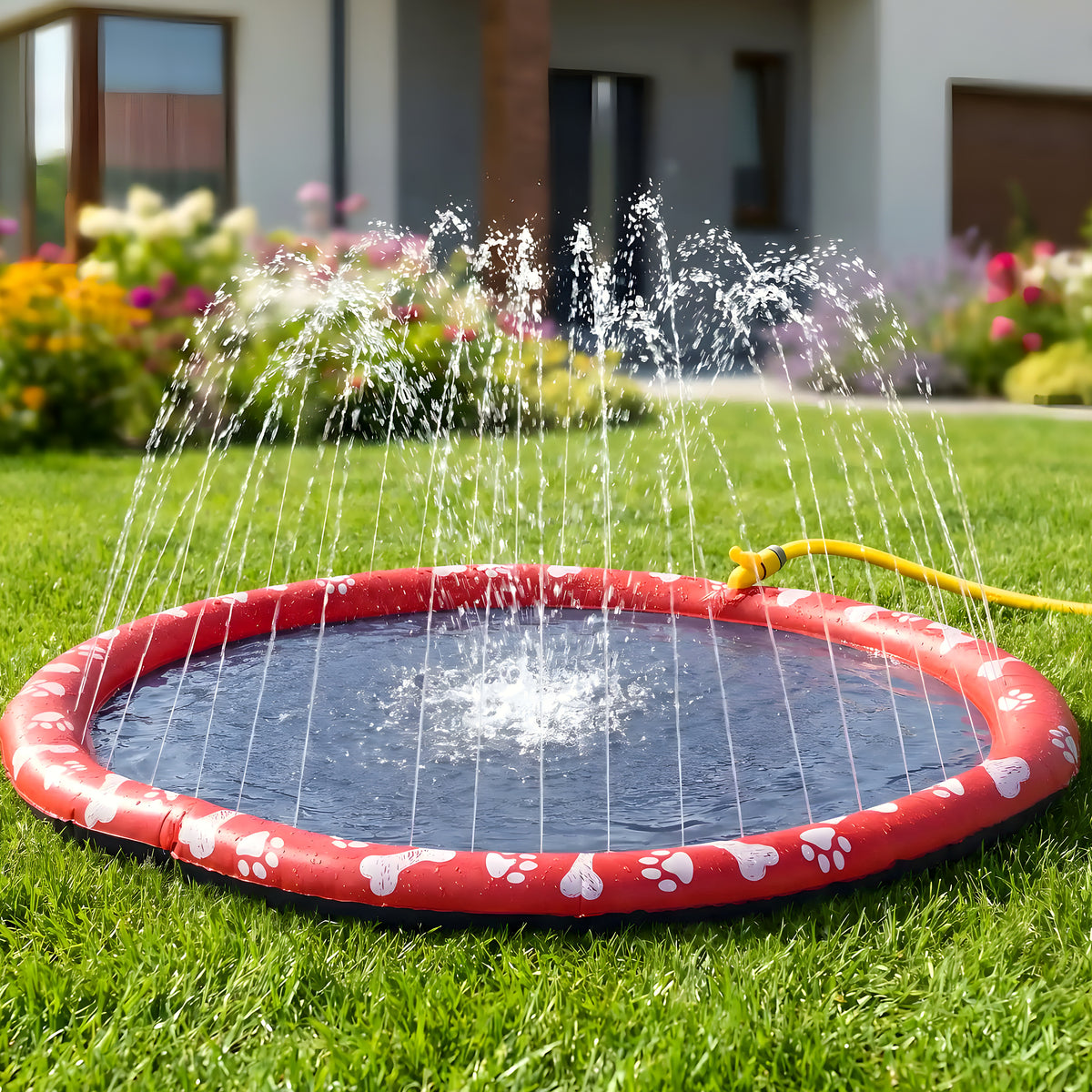 Tapis d'eau à jets noir et rouge Ø150 cm pour chien