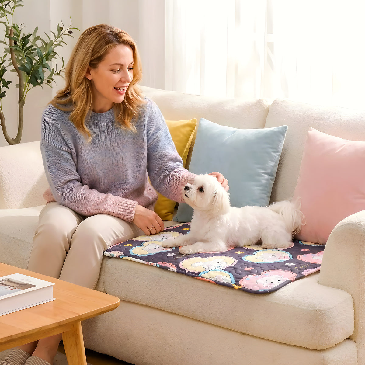Tapis lavable en coton motif cœurs pour chien