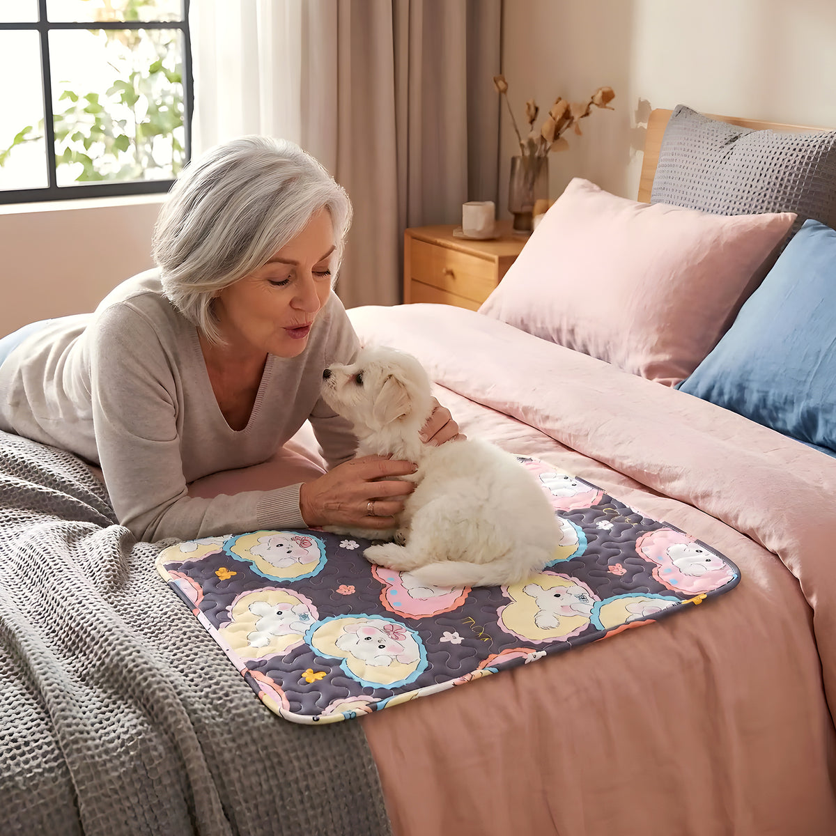 Tapis lavable en coton motif cœurs pour chien