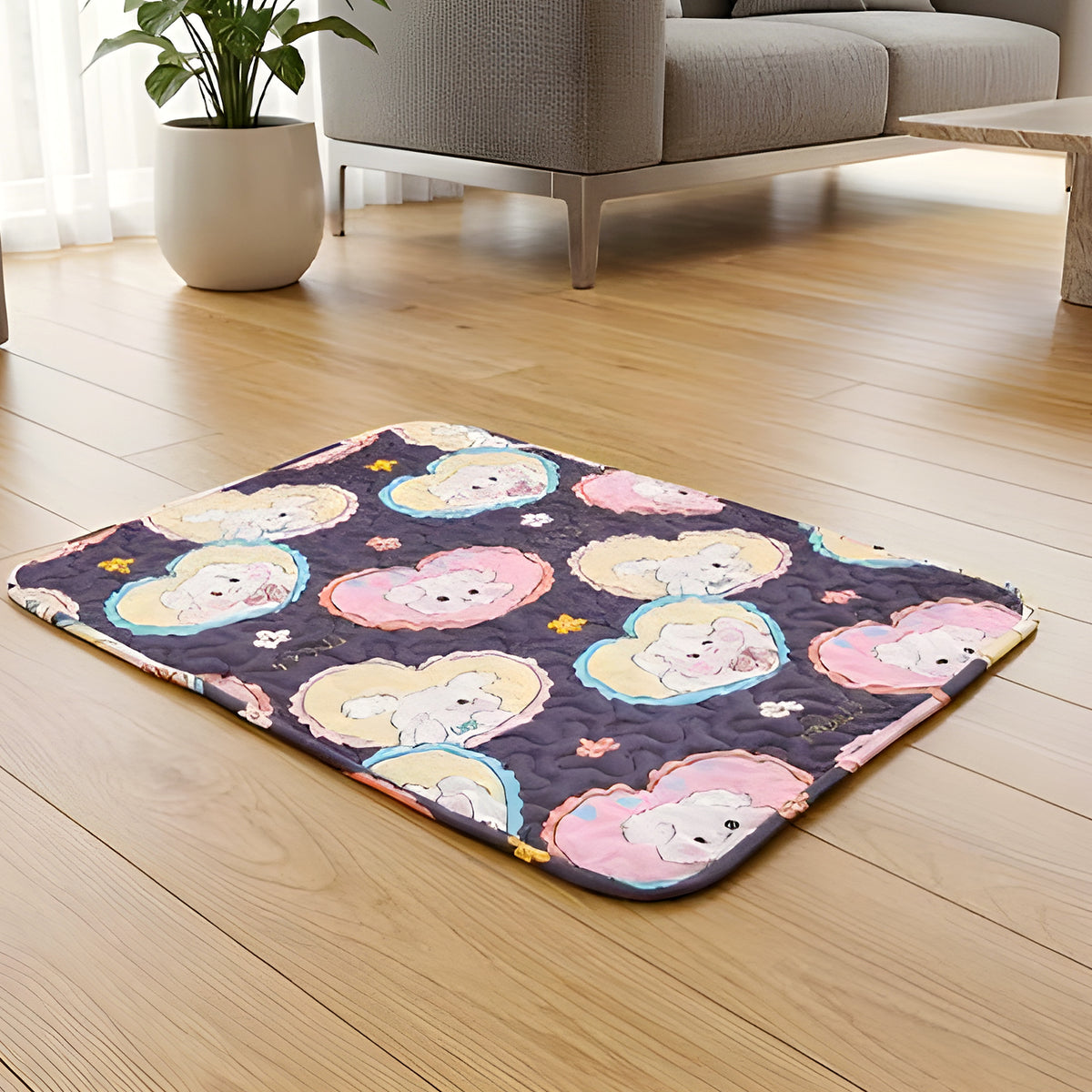 Tapis lavable en coton motif cœurs pour chien