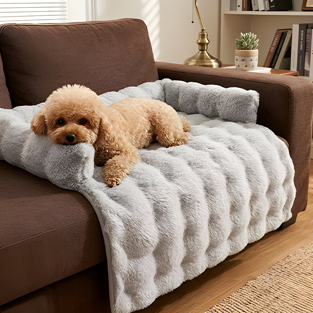 Tapis-lit en fausse fourrure avec traversin pour chien