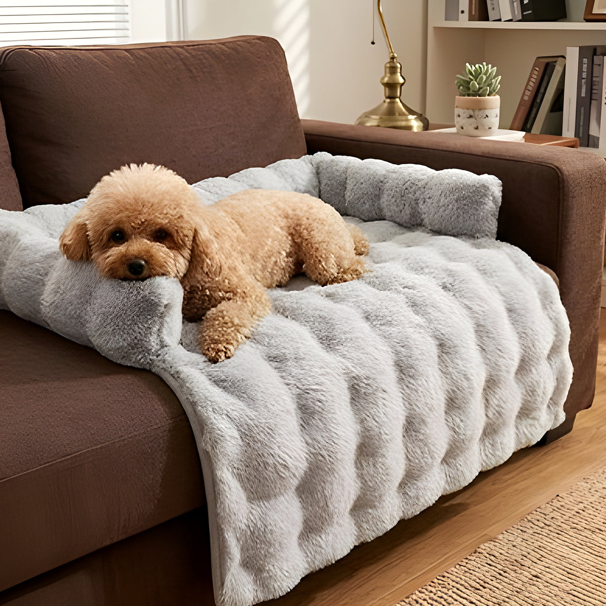 Tapis-lit en fausse fourrure avec traversin pour chien