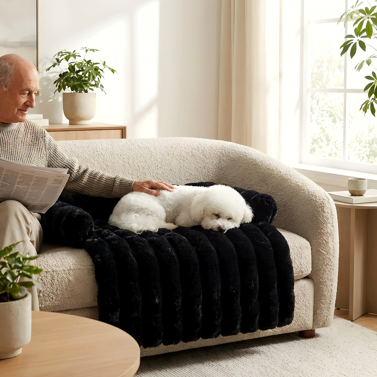 Tapis-lit en fausse fourrure avec traversin pour chien