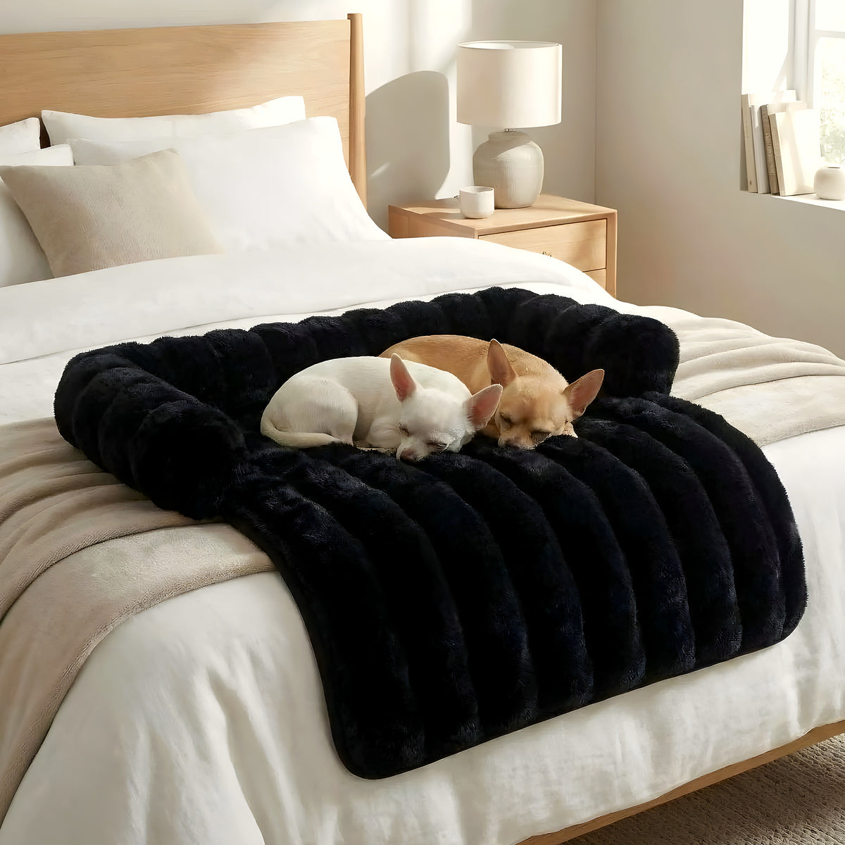 Tapis-lit en fausse fourrure avec traversin pour chien