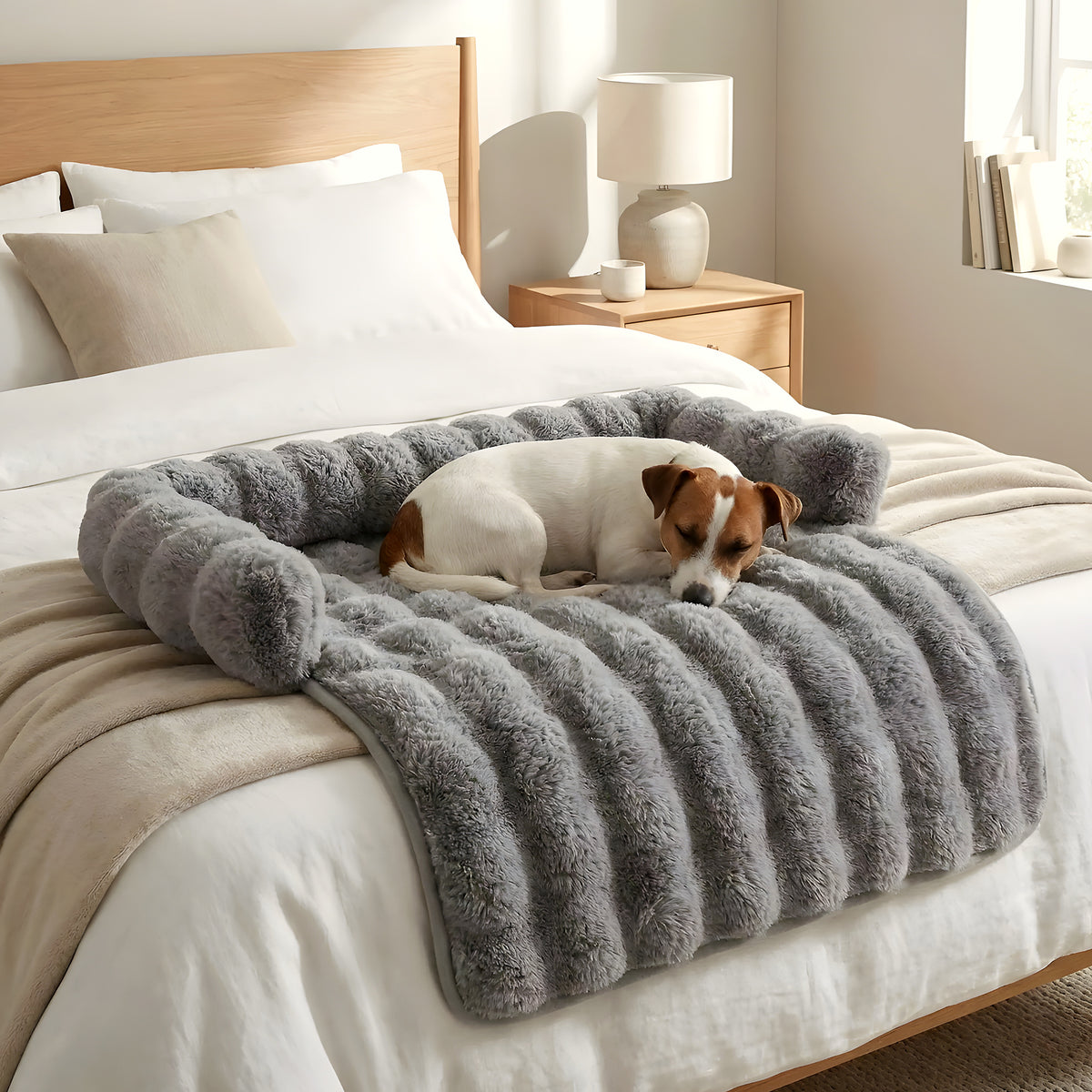 Tapis-lit en fausse fourrure avec traversin pour chien