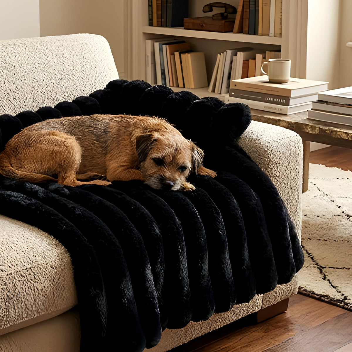 Tapis-lit en fausse fourrure avec traversin pour chien