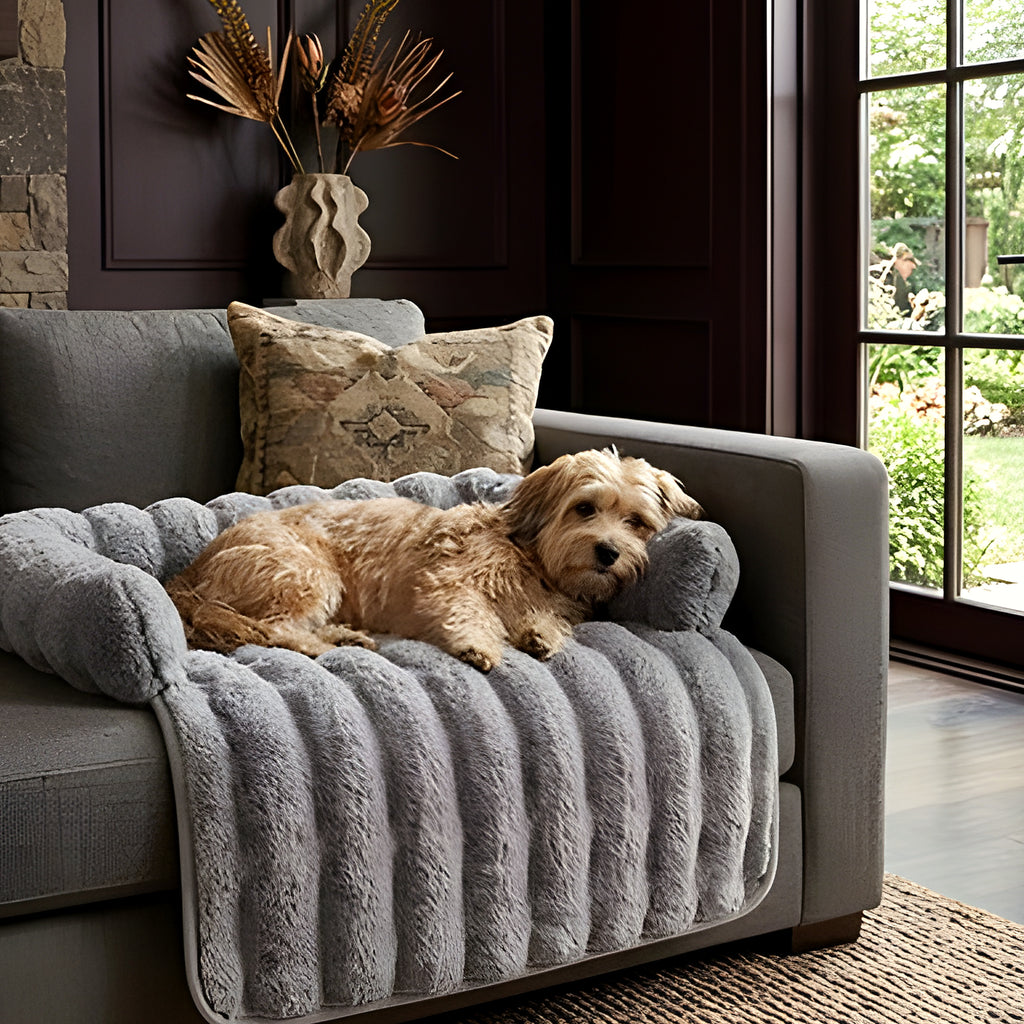 Tapis-lit en fausse fourrure avec traversin pour chien