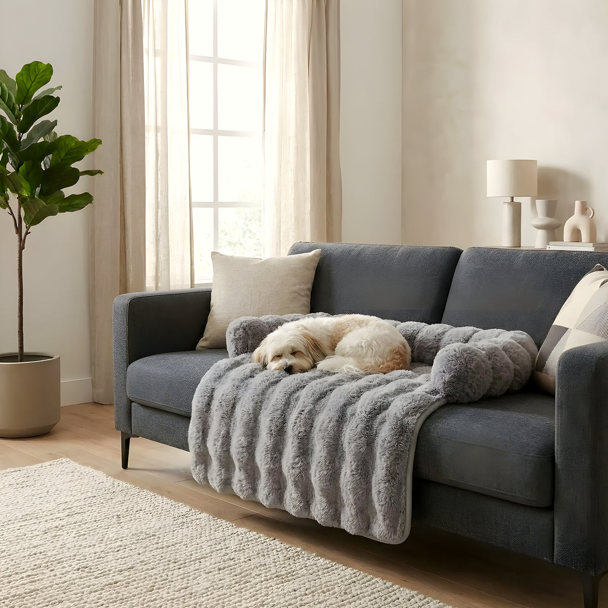 Tapis-lit en fausse fourrure avec traversin pour chien