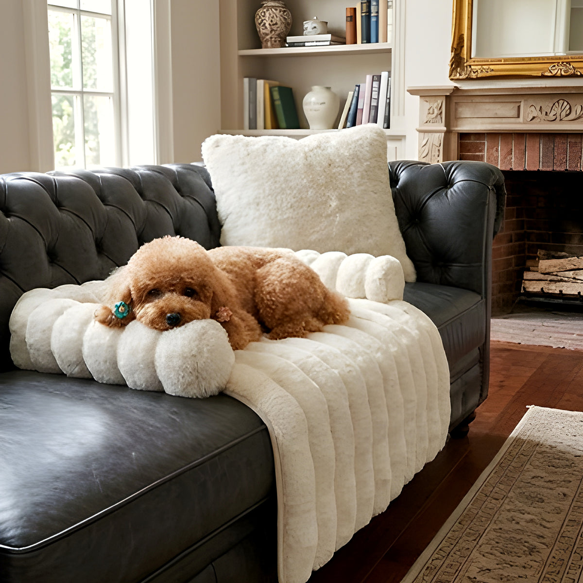 Tapis-lit en peluche avec traversin, blanc ou marron
