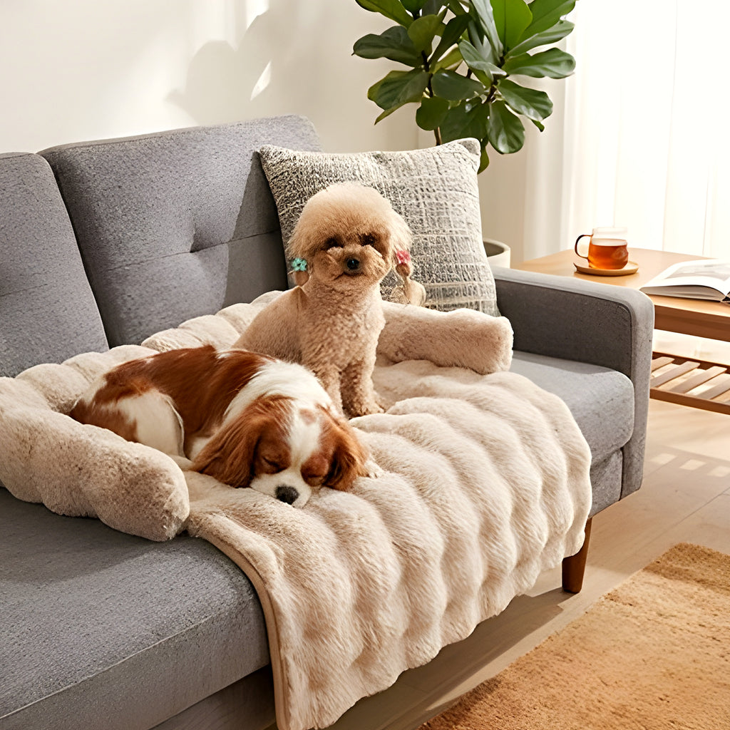 Tapis-lit en peluche avec traversin, blanc ou marron