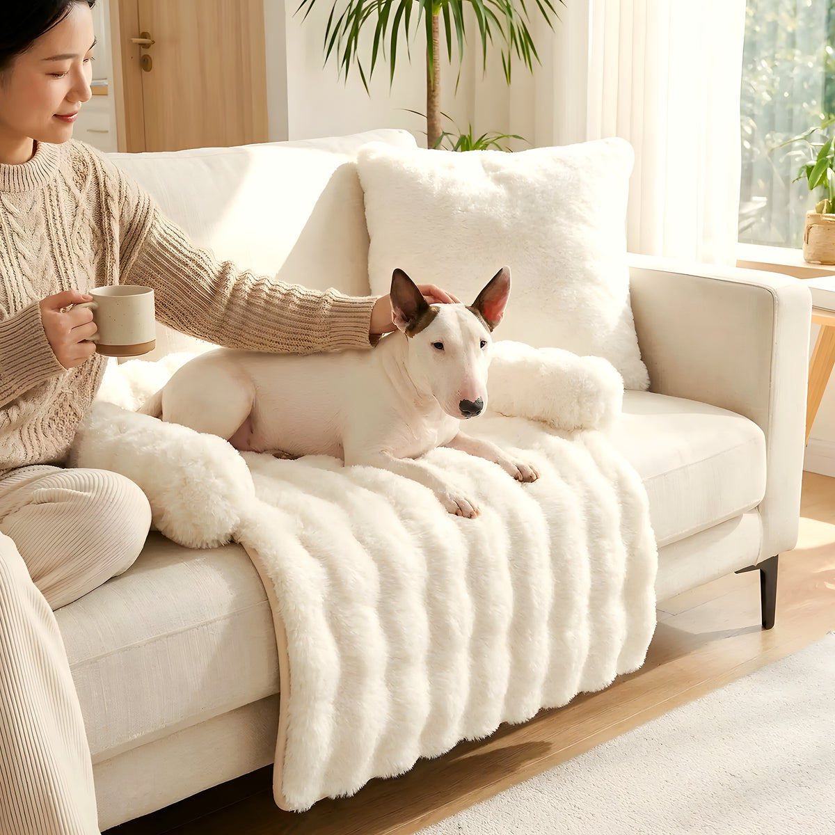 Tapis-lit en peluche avec traversin, blanc ou marron