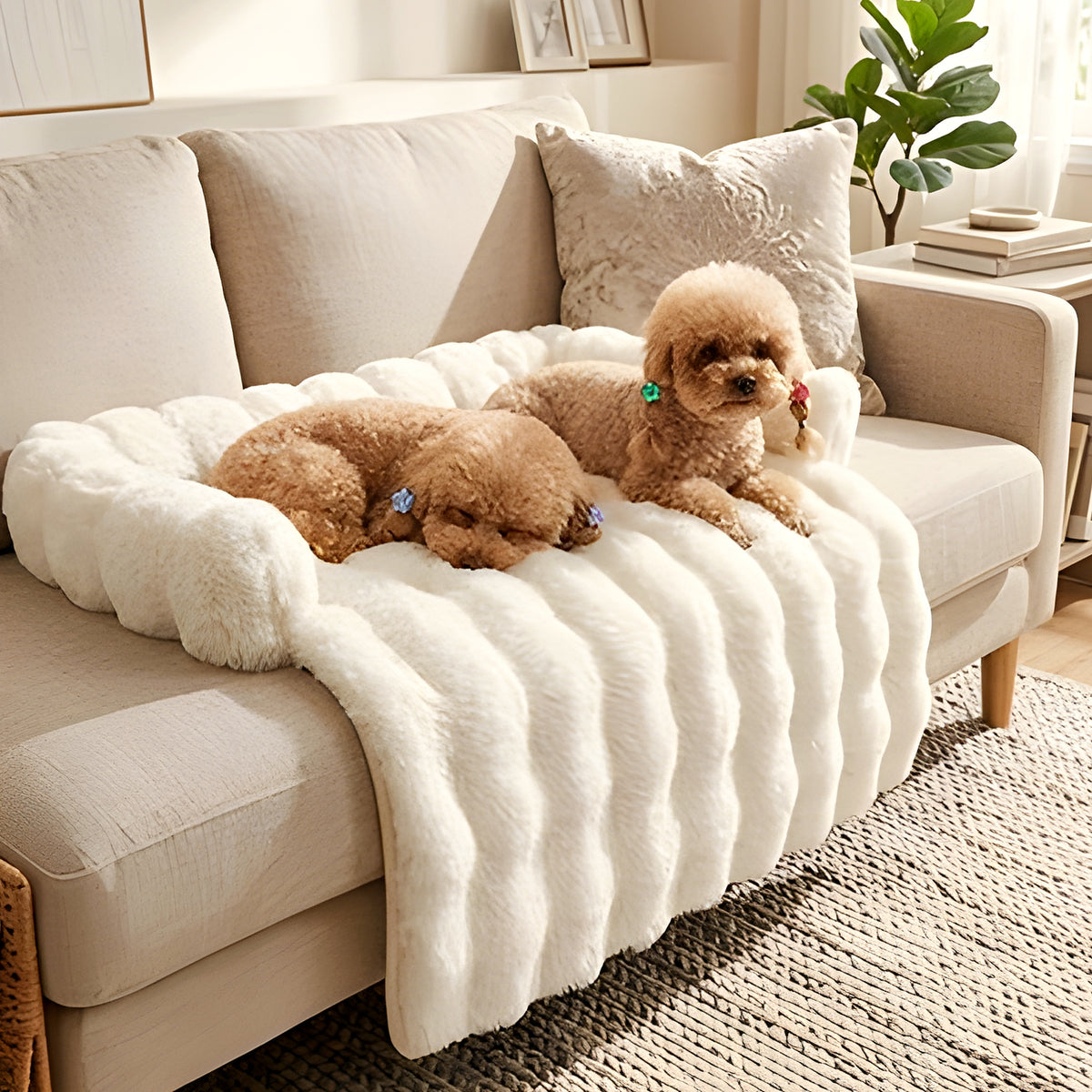 Tapis-lit en peluche avec traversin, blanc ou marron