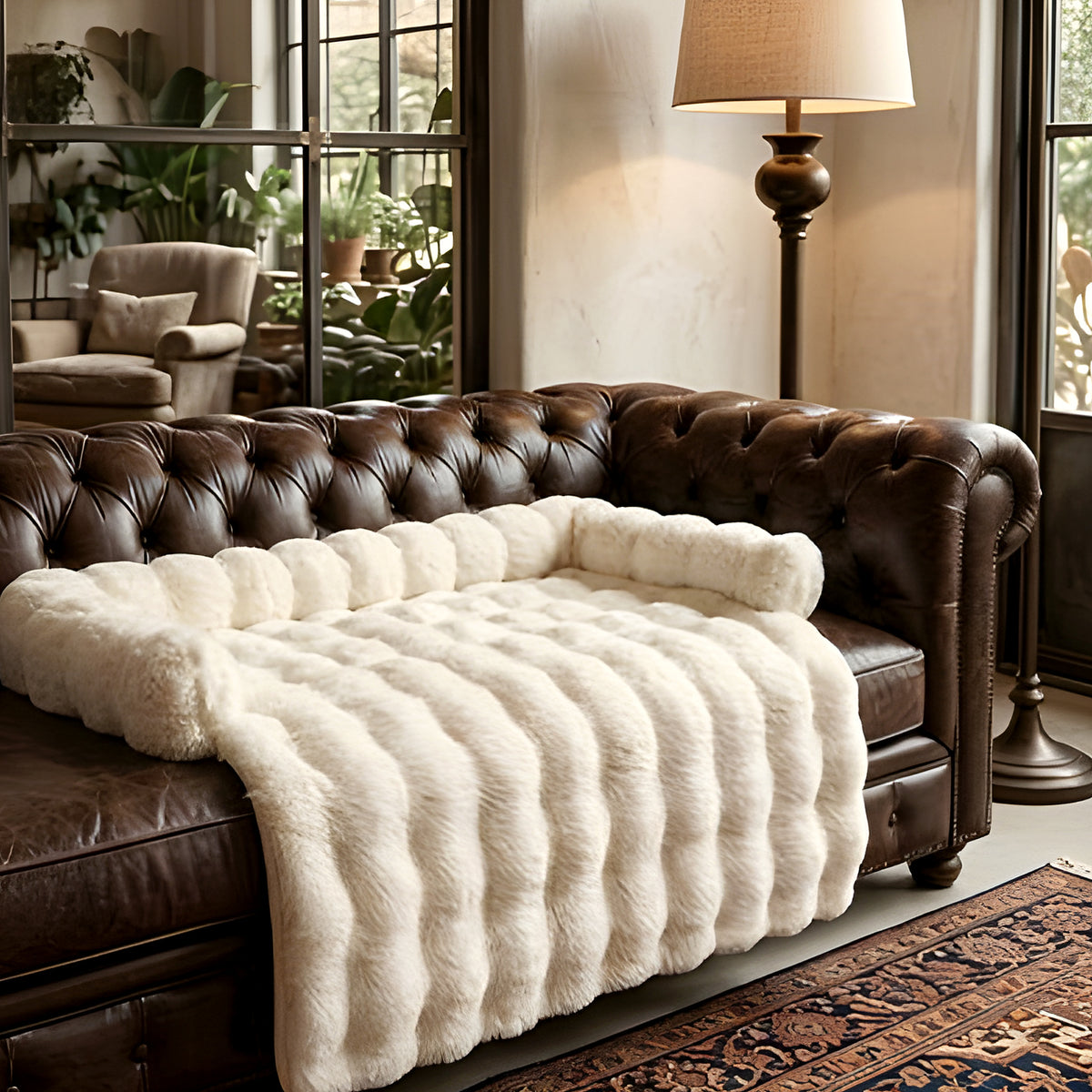 Tapis-lit en peluche avec traversin, blanc ou marron