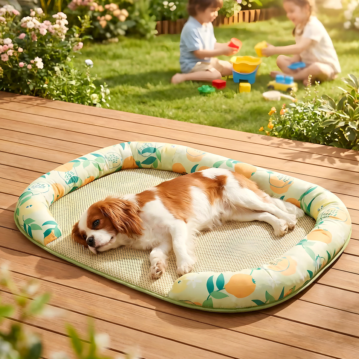 Tapis rafraîchissant motif agrumes avec traversin en U
