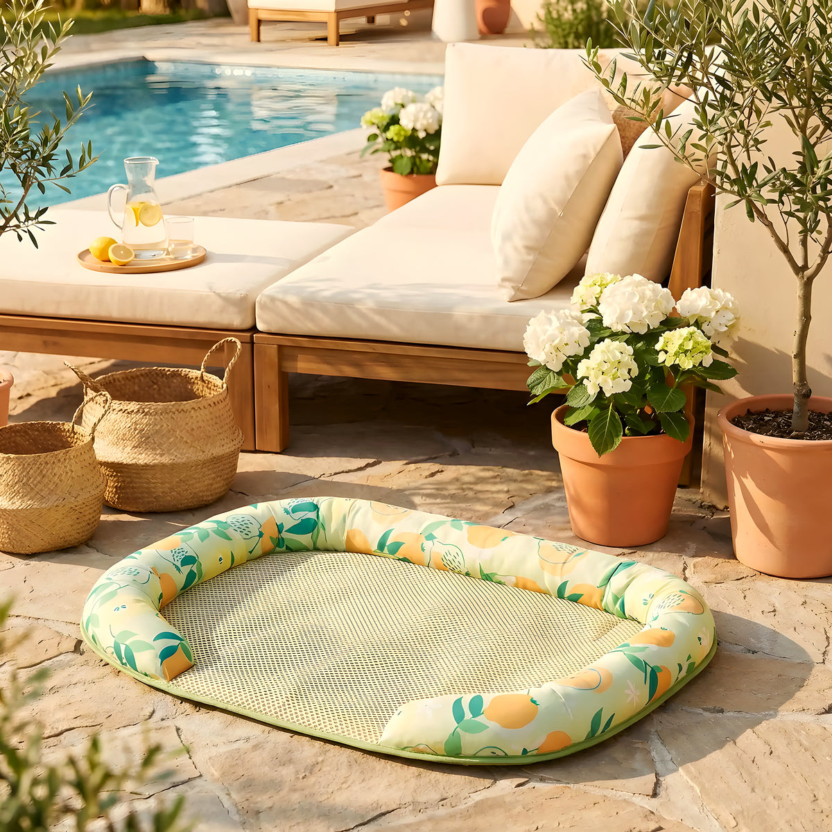 Tapis rafraîchissant motif agrumes avec traversin en U