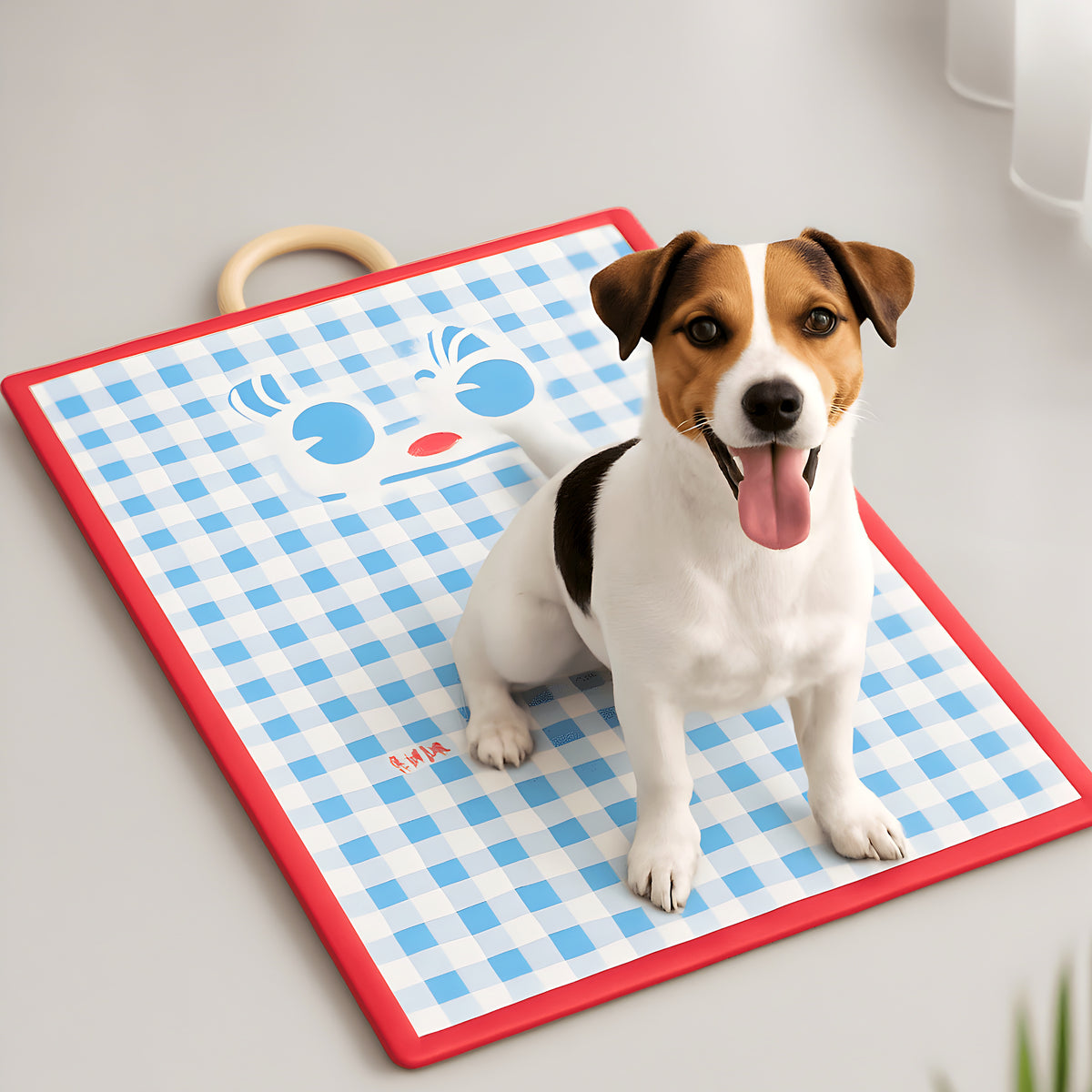 Tapis rafraîchissant vichy avec poignée pour chien