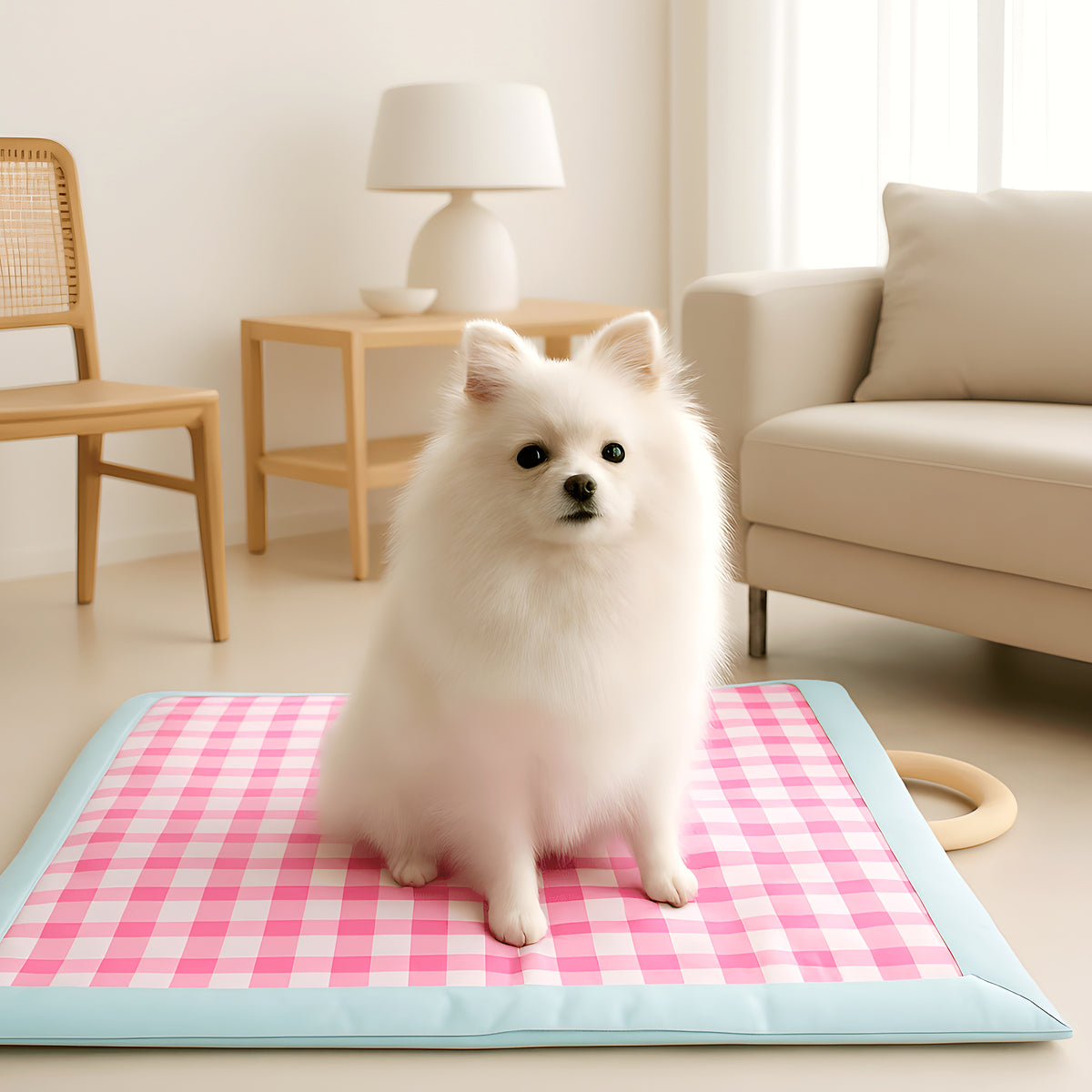 Tapis rafraîchissant vichy avec poignée pour chien