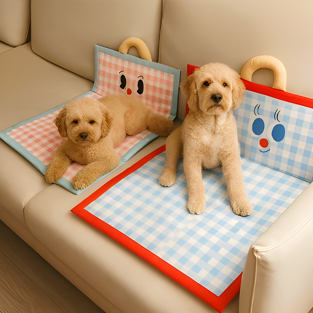 Tapis rafraîchissant vichy avec poignée pour chien