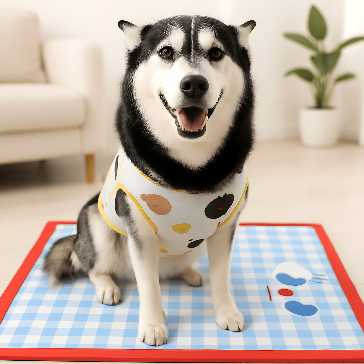 Tapis rafraîchissant vichy avec poignée pour chien