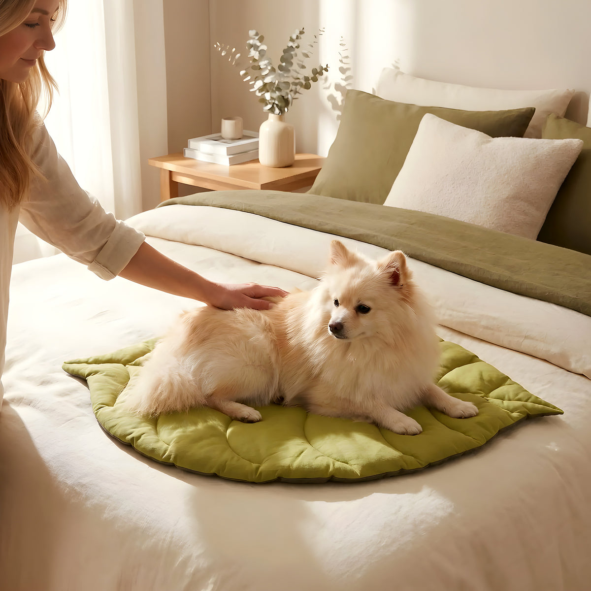 Tapis réversible feuille verte en coton pour chien