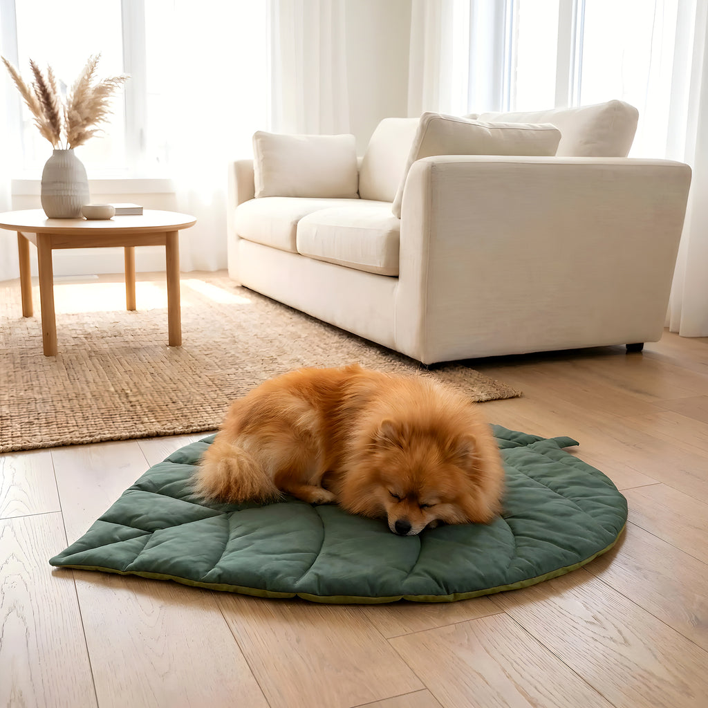 Tapis réversible feuille verte en coton pour chien