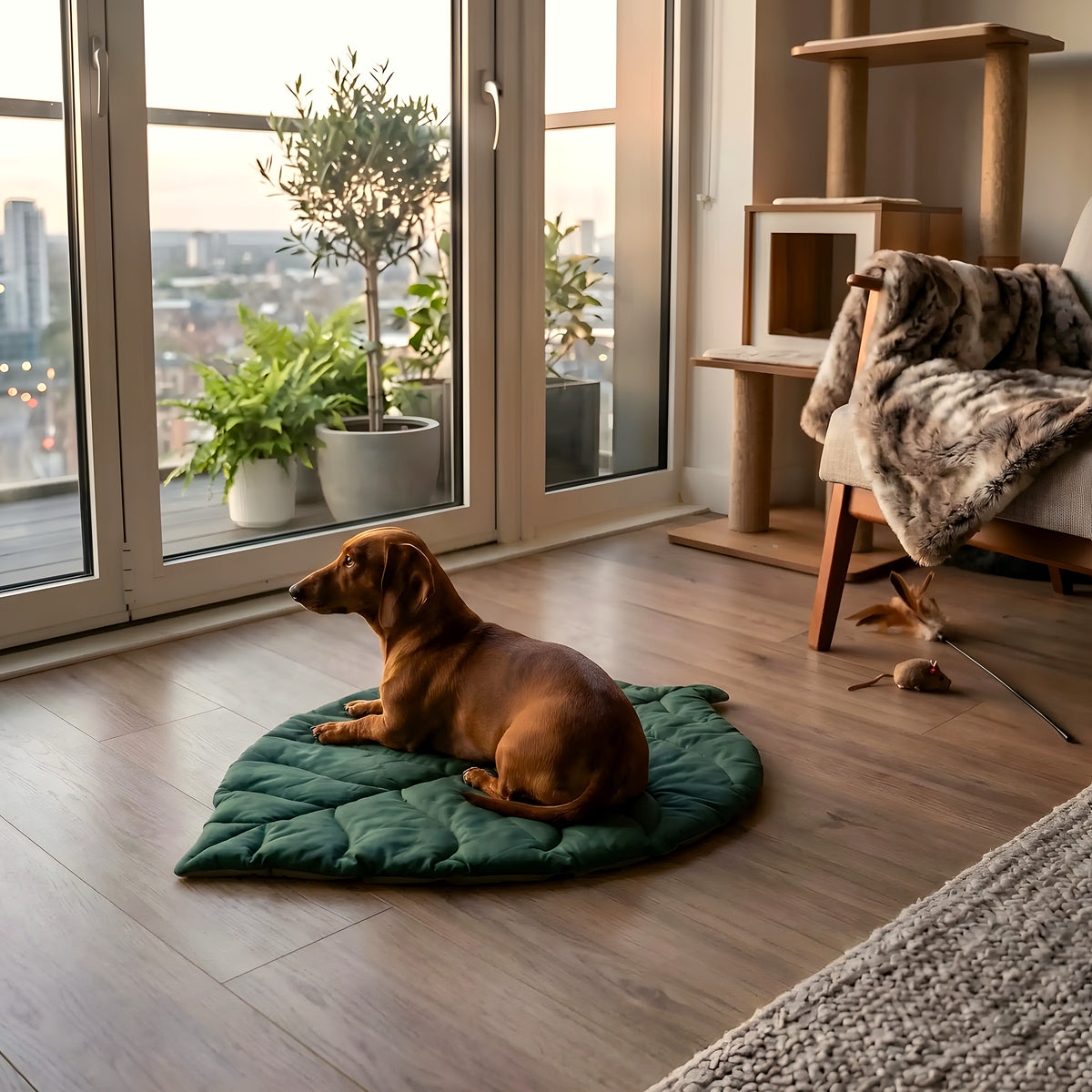 Tapis réversible feuille verte en coton pour chien