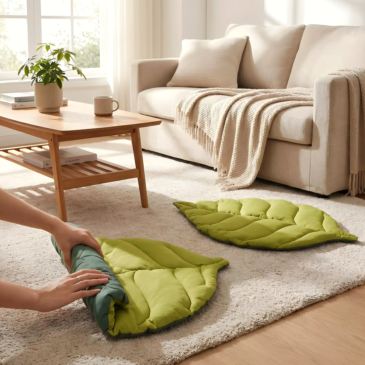 Tapis réversible feuille verte en coton pour chien