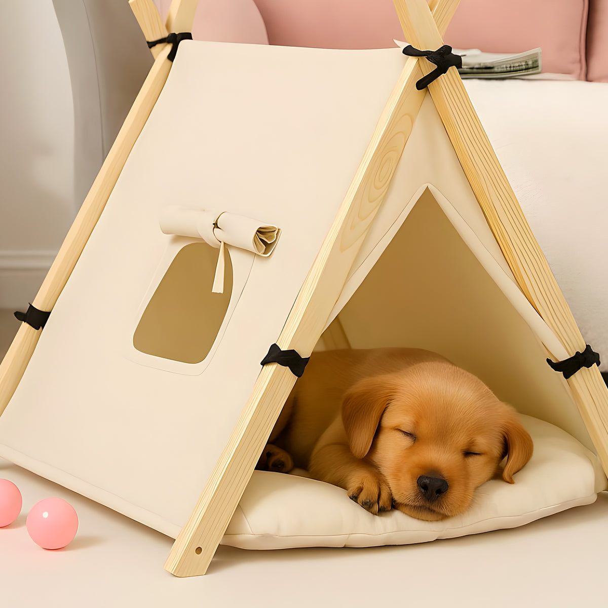 Tente en bois et coton avec coussin pour petit chien