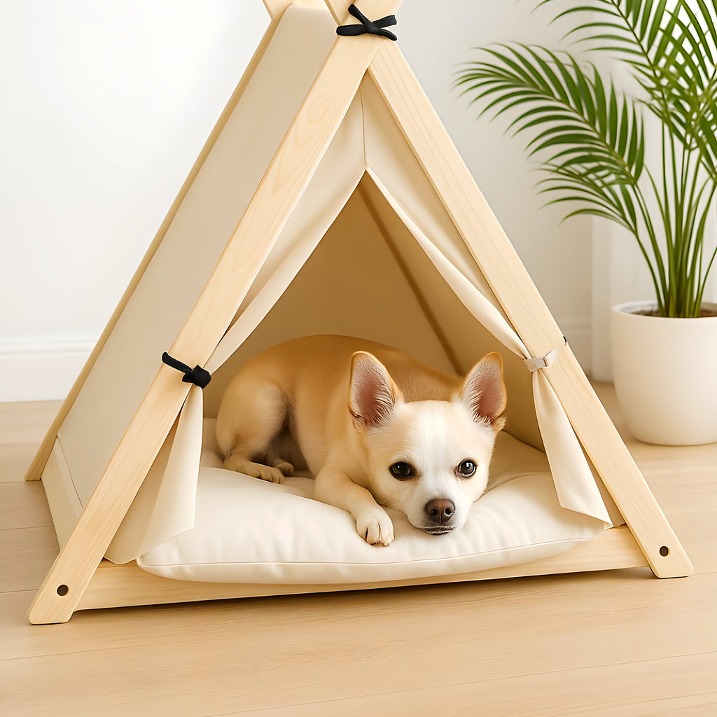 Tente en bois et coton avec coussin pour petit chien