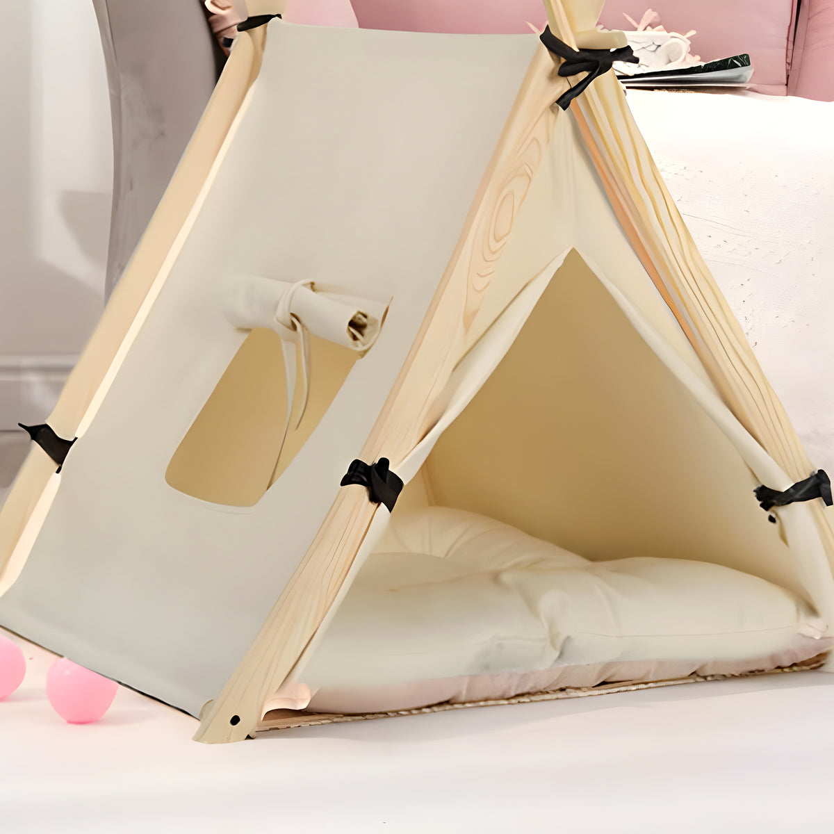 Tente en bois et coton avec coussin pour petit chien