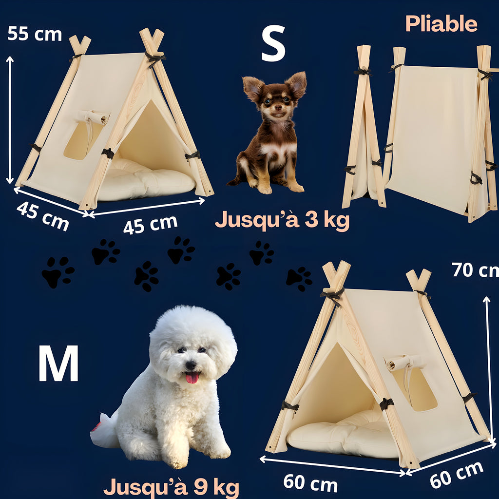 Tente en bois et coton avec coussin pour petit chien