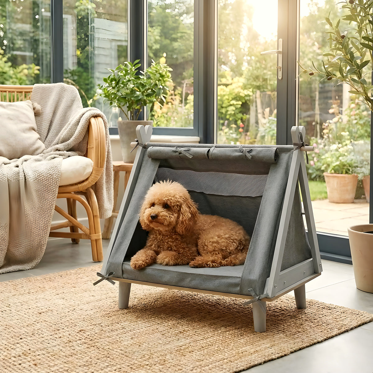 Tente surélevée en bois pour petit chien
