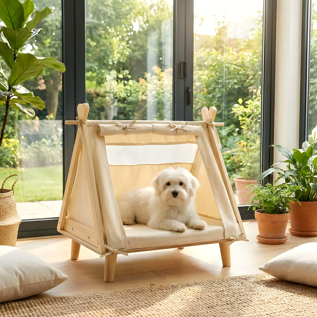 Tente surélevée en bois pour petit chien