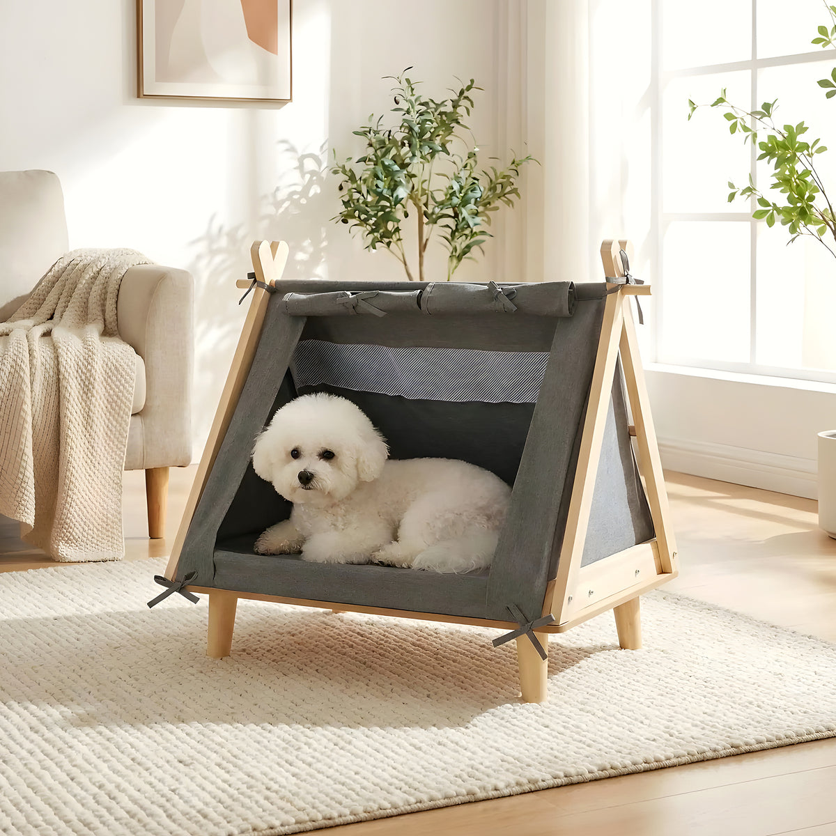 Tente surélevée en bois pour petit chien