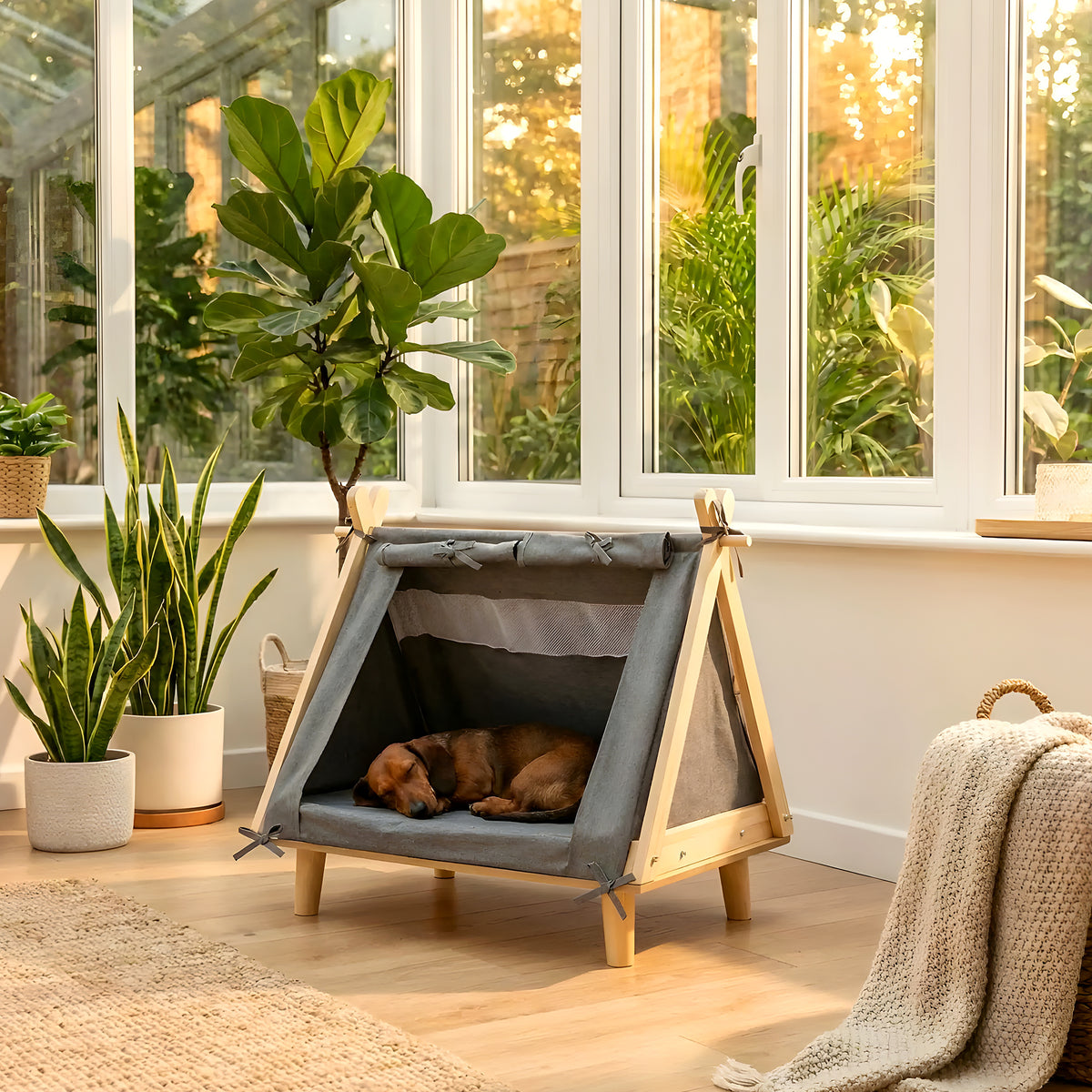 Tente surélevée en bois pour petit chien